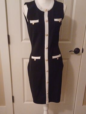 Saks Fifth Avenue Black Midi Sheath Dress with White Trim